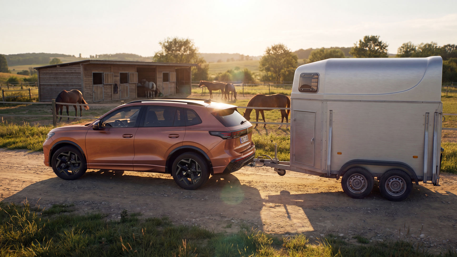 VW Tiguan EDITION 20 mit Pferdeanhänger vor Koppel